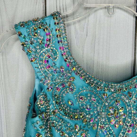 Tiffany Designs Corset Lace Up Back Beaded Ballgown Pageant Dress Sz 14 Aqua - Picture 4 of 16